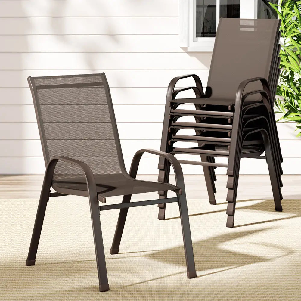 Gardeon 6PC Outdoor Dining Chairs Stackable Lounge Chair Patio Furniture Brown - Furniture > Outdoor