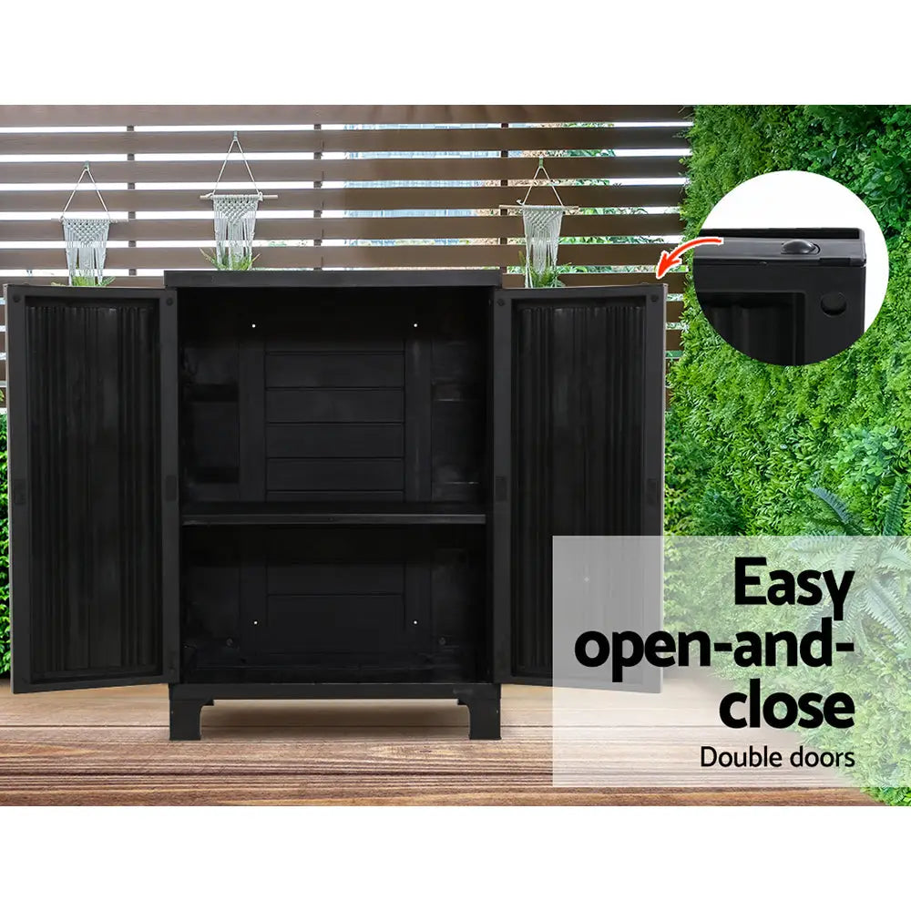 Gardeon 92cm Outdoor Storage Cabinet Box Lockable Cupboard Sheds Garage Adjustable Black - Home & Garden > Storage