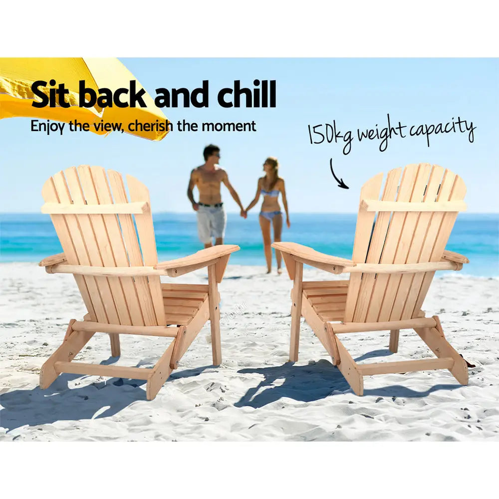 Gardeon Adirondack Outdoor Chairs Wooden Beach Chair Patio Furniture Garden Natural Set of 2 - Furniture > Outdoor >