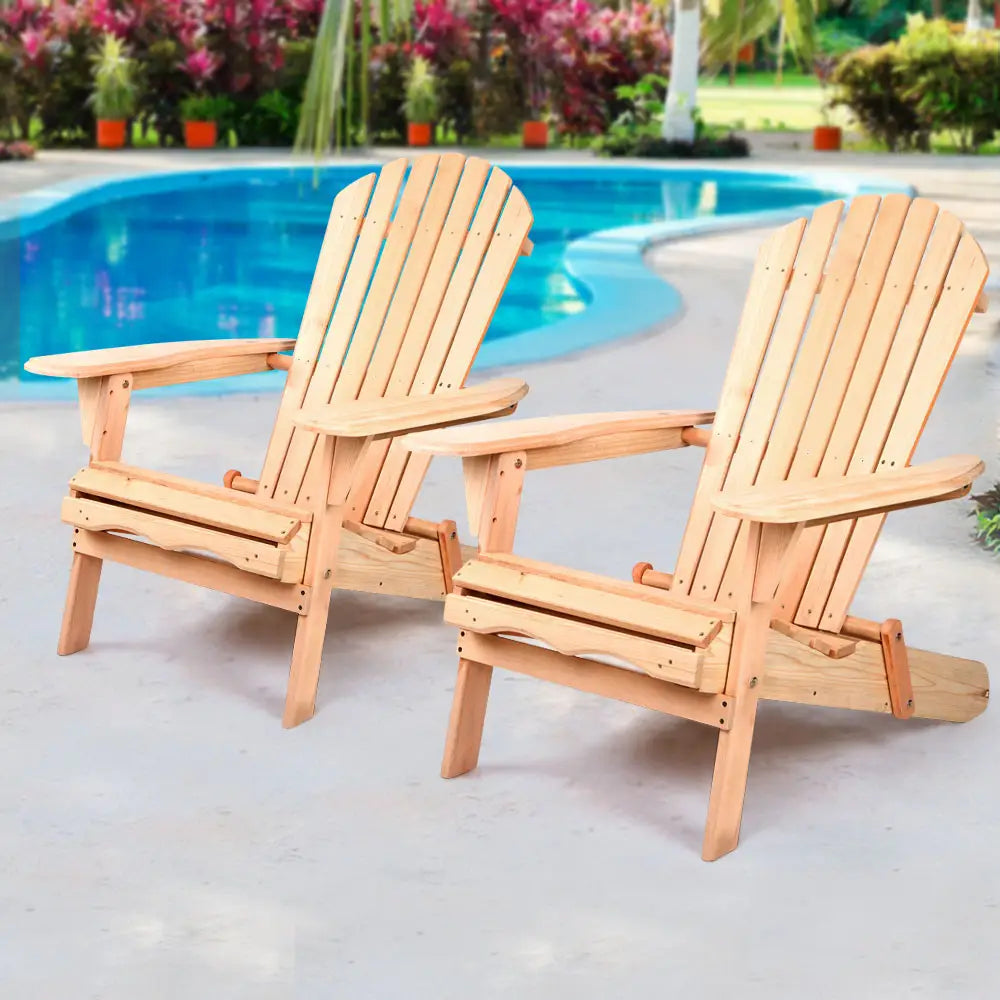 Gardeon Adirondack Outdoor Chairs Wooden Beach Chair Patio Furniture Garden Natural Set of 2 - Furniture > Outdoor >