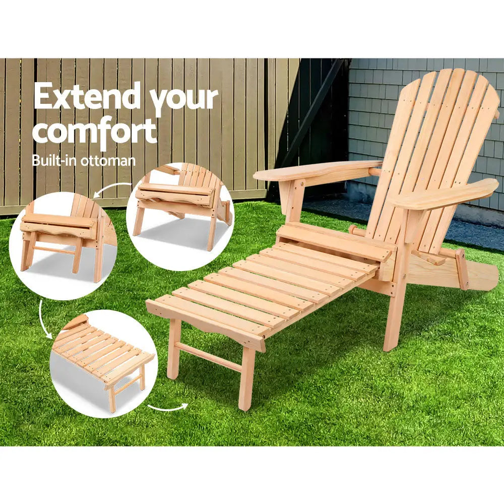 Gardeon Adirondack Outdoor Chairs Wooden Sun Lounge Patio Furniture Garden Natural - Furniture > Outdoor