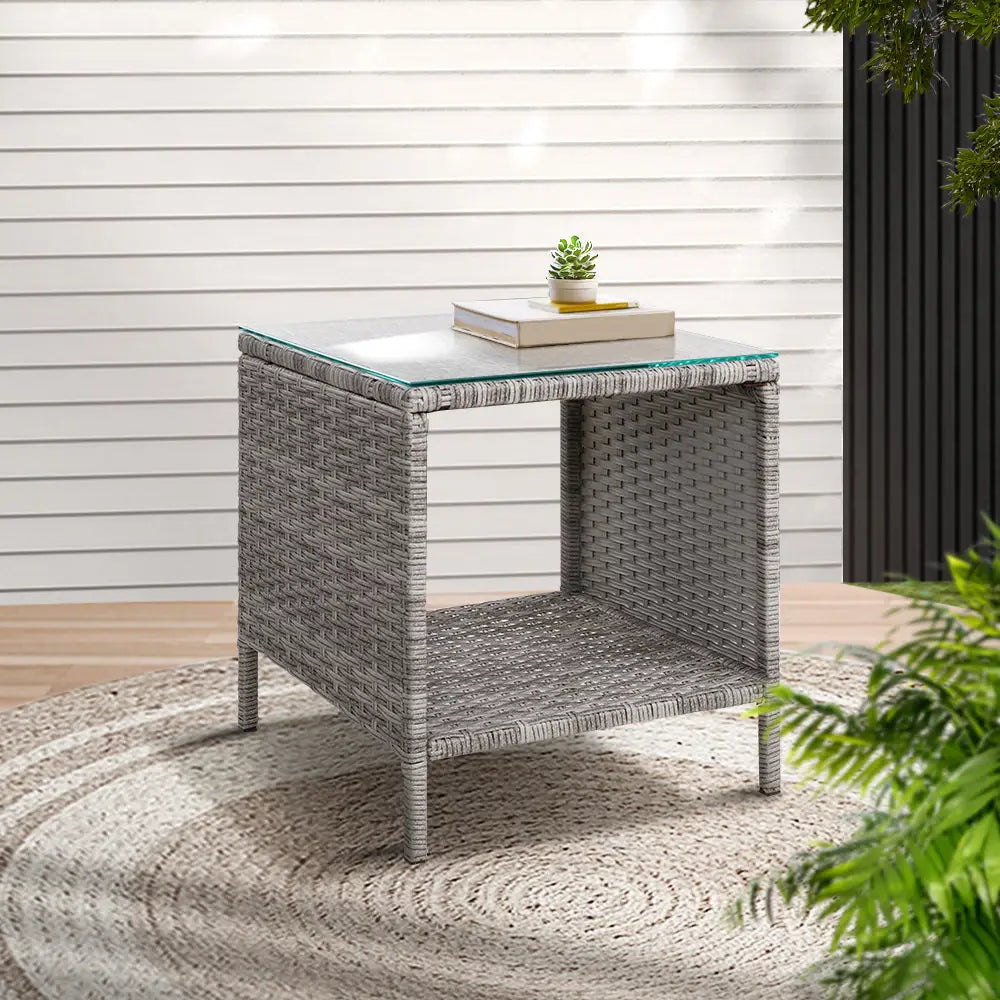 Gardeon Coffee Side Table Wicker Desk Rattan Outdoor Furniture Garden Grey - Furniture > Outdoor > Outdoor Chairs