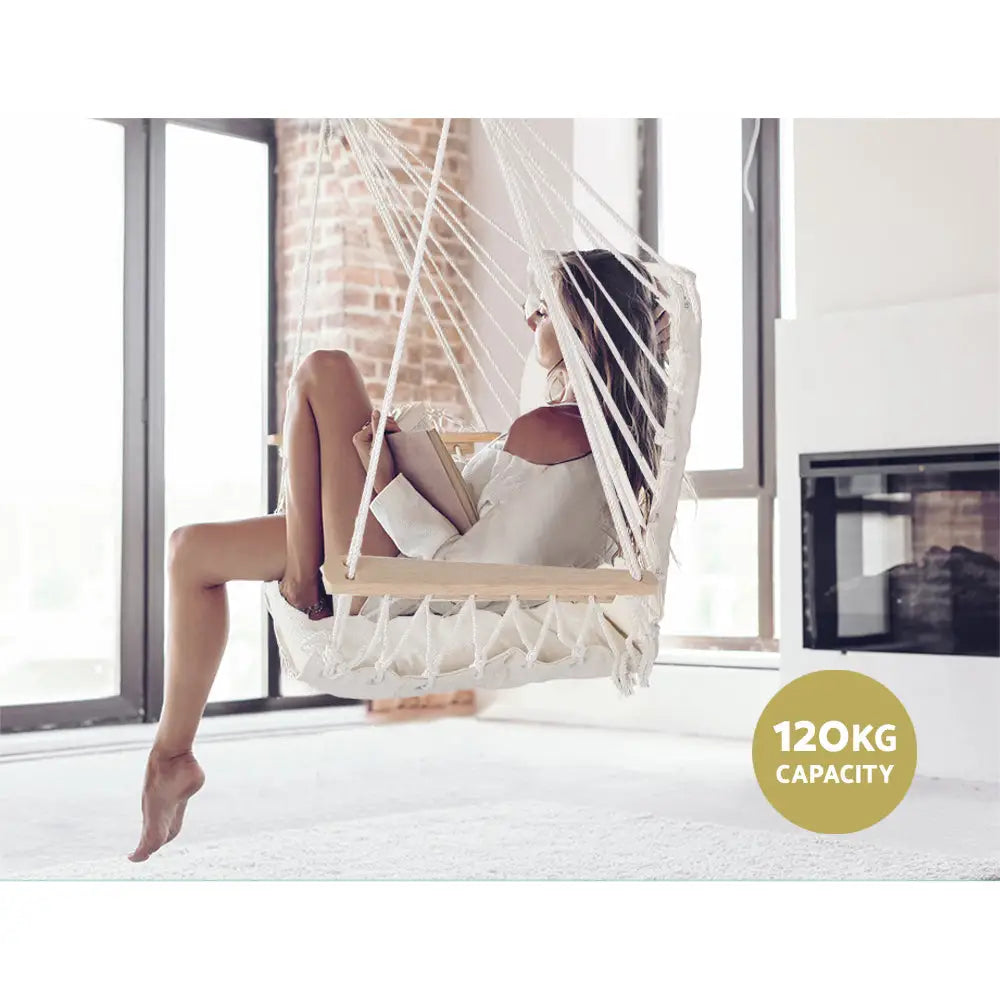 Gardeon Hammock Chair Hanging with Armrest Camping Hammocks Cream - Home & Garden > Hammocks
