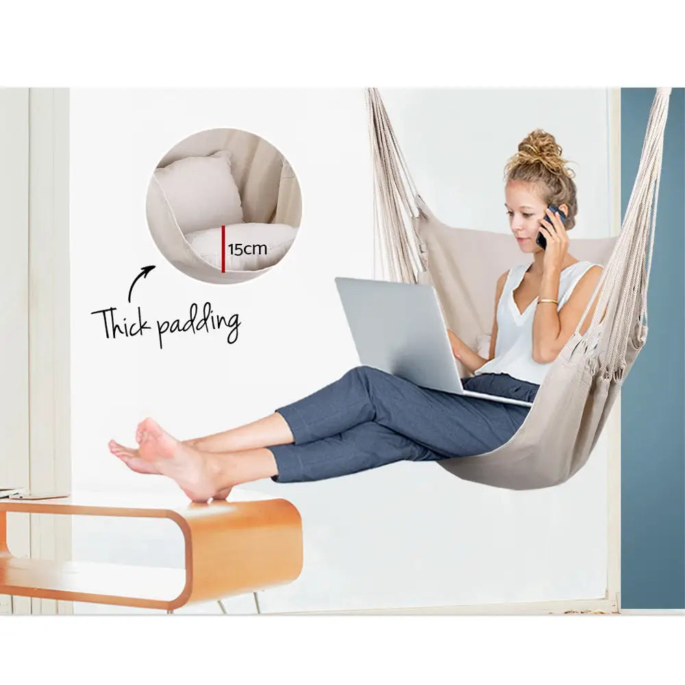 Gardeon Hammock Chair Outdoor Camping Hanging Hammocks Cushion Pillow Cream - Home & Garden > Hammocks