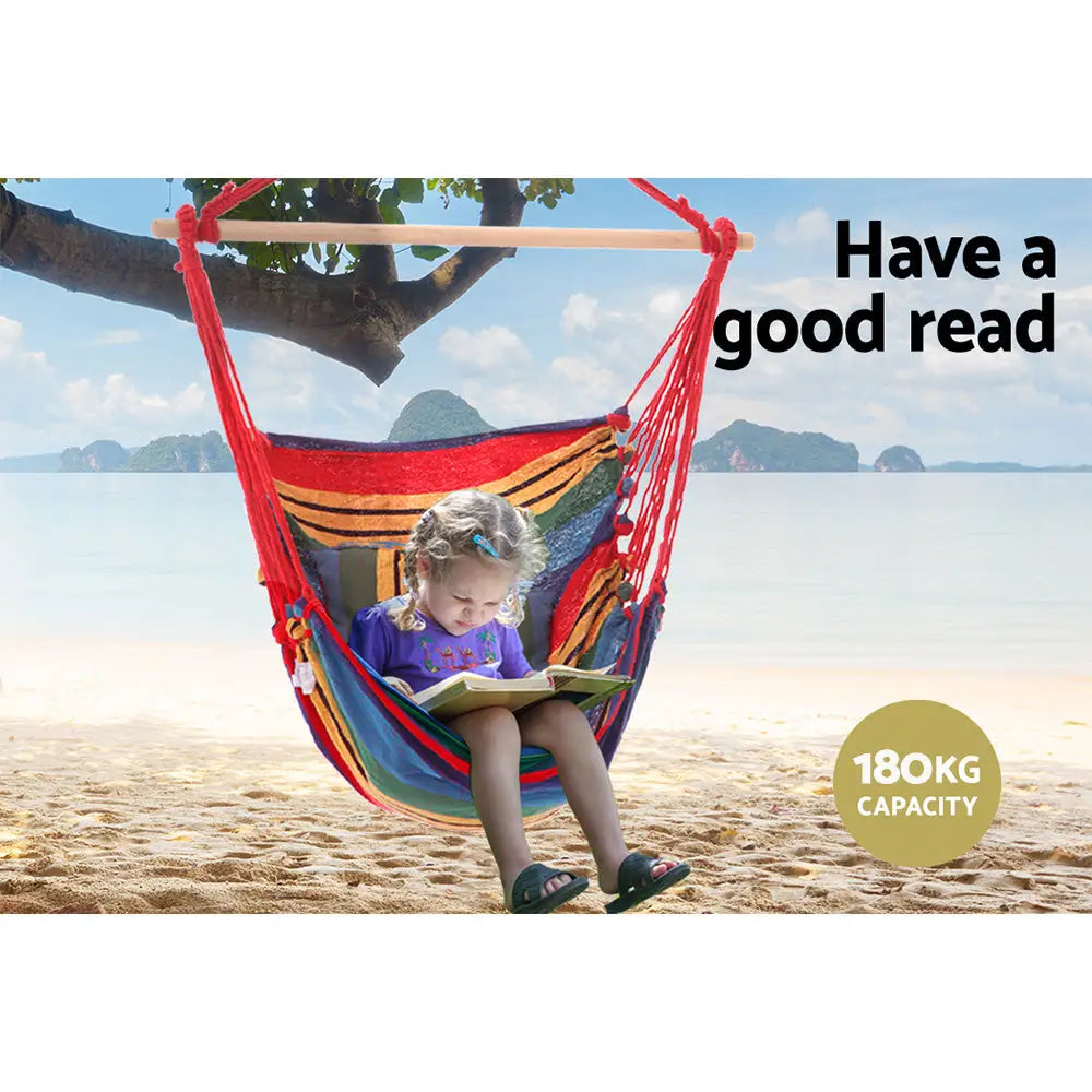 Gardeon Hammock Chair Outdoor Camping Hanging Hammocks Cushion Pillow Rainbow - Home & Garden > Hammocks