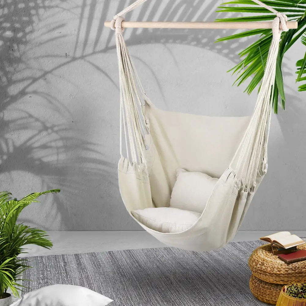 Gardeon Hammock Chair Outdoor Camping Hanging Hammocks Cushion Pillow Cream - Home & Garden > Hammocks