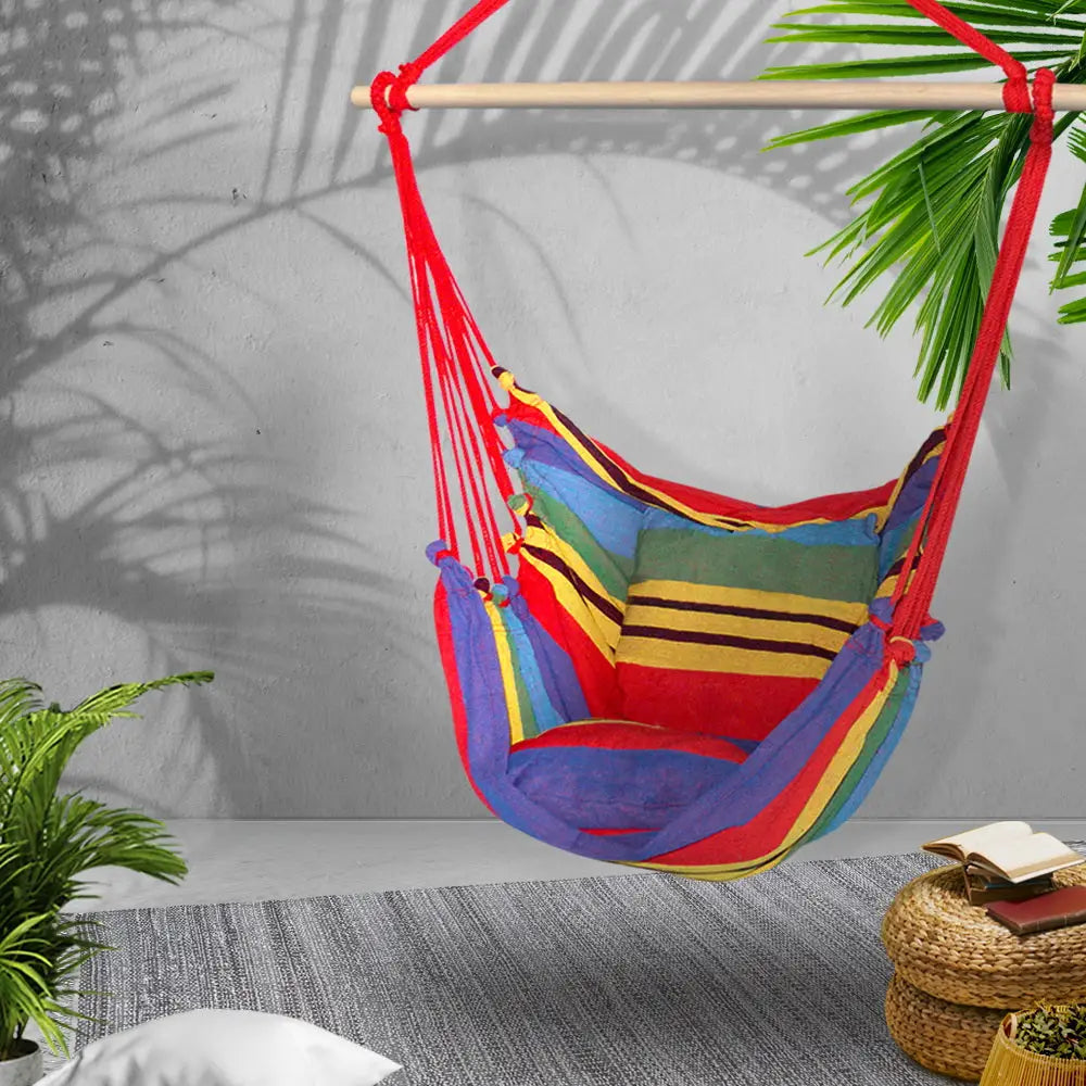 Gardeon Hammock Chair Outdoor Camping Hanging Hammocks Cushion Pillow Rainbow - Home & Garden > Hammocks