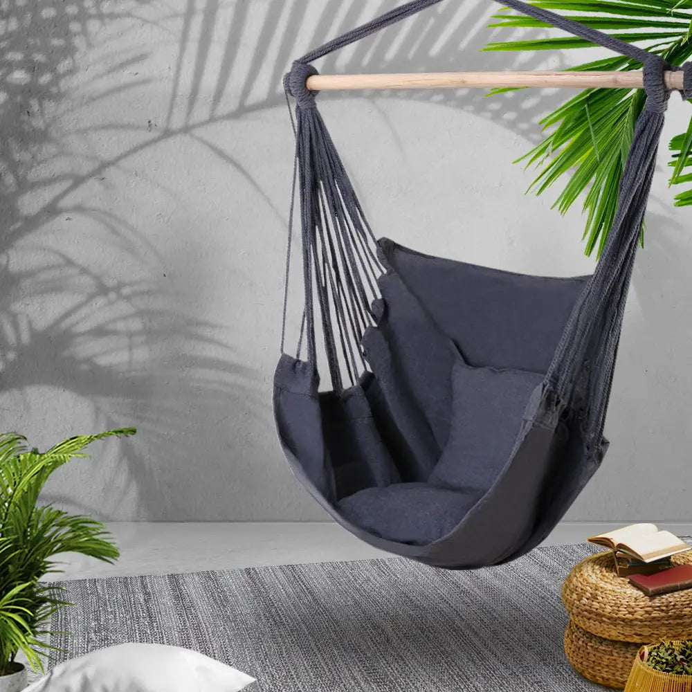 Gardeon Hammock Chair Outdoor Camping Hanging Hammocks Cushion Pillow Grey - Home & Garden > Hammocks