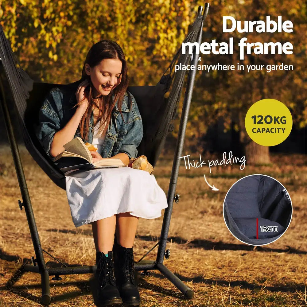 Gardeon Hammock Chair Outdoor Camping Hanging with Stand Grey - Furniture > Outdoor > Outdoor Chairs