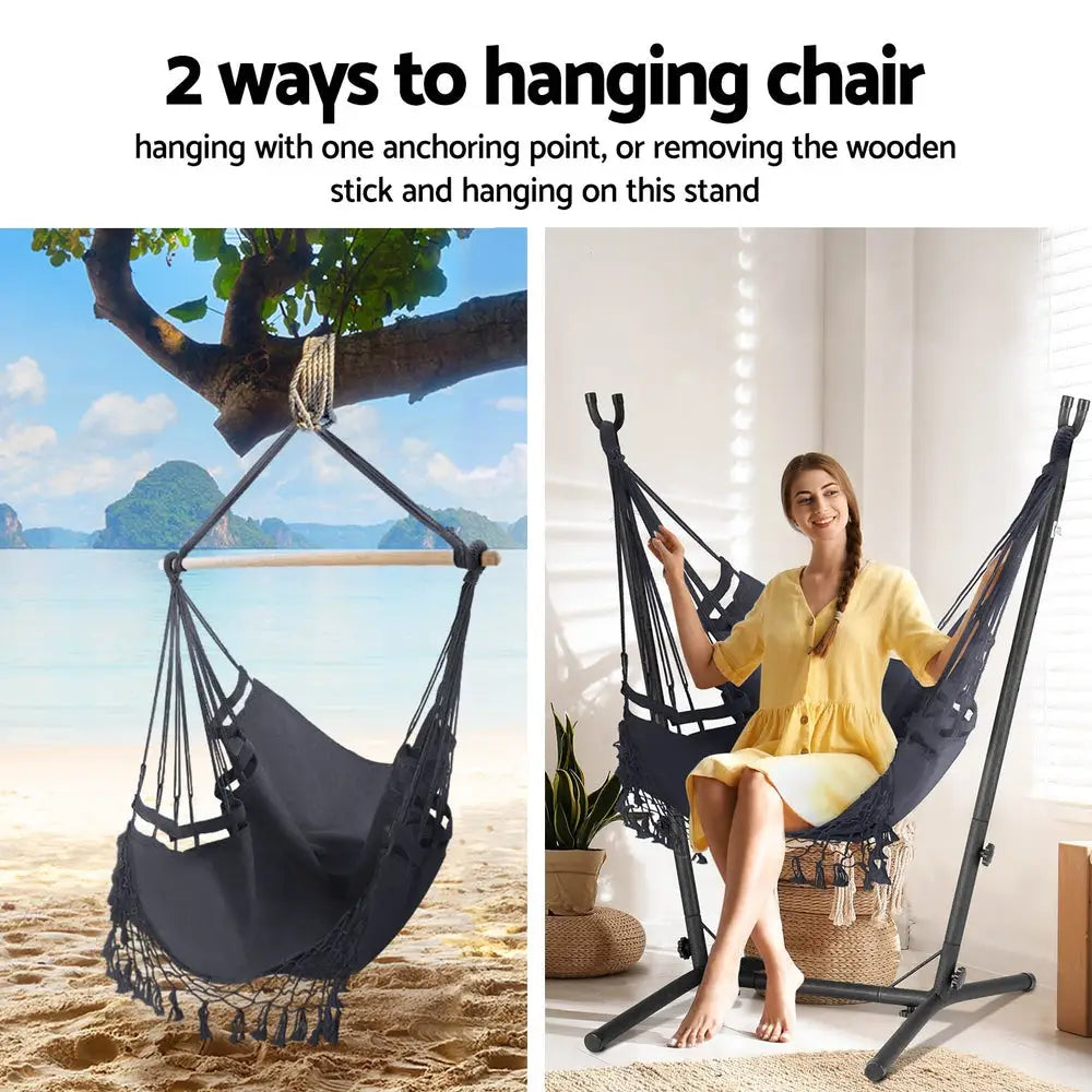 Gardeon Hammock Chair Outdoor Camping Hanging with Stand Grey - Furniture > Outdoor > Outdoor Chairs