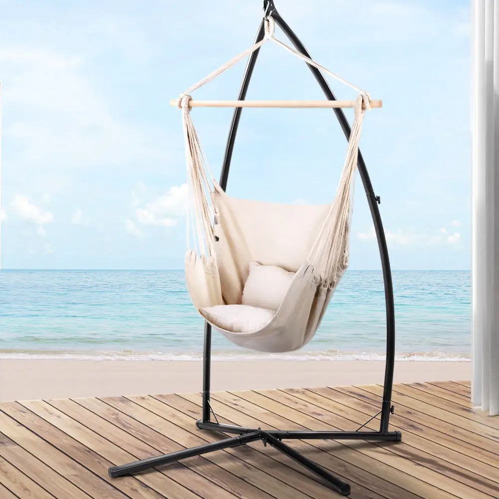 Gardeon Hammock Chair Outdoor Camping Hanging with Steel Stand Cream - Furniture > Outdoor
