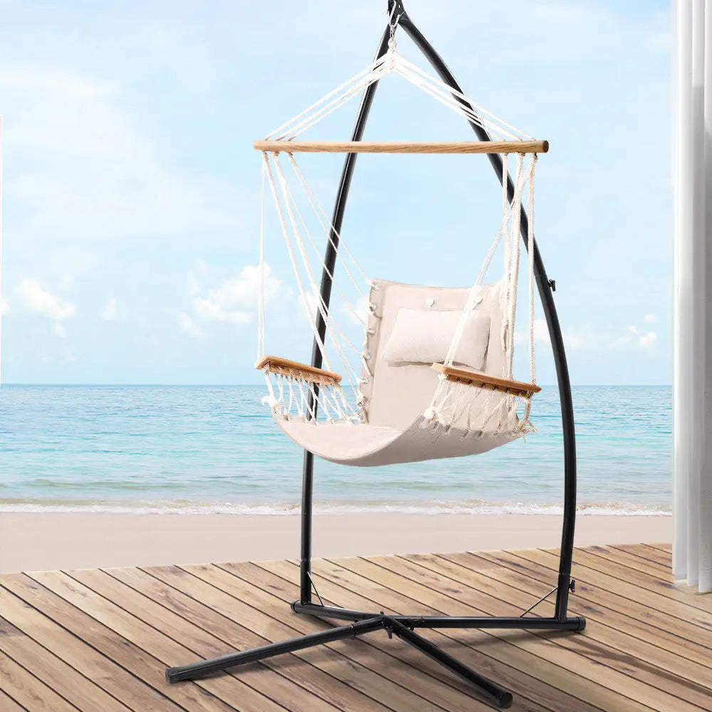 Gardeon Hammock Chair with Steel Stand Armrest Outdoor Hanging Cream - Furniture > Outdoor
