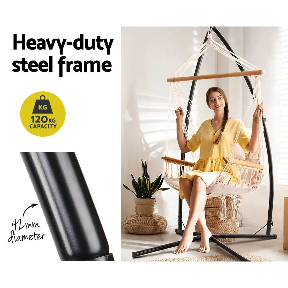 Gardeon Hammock Chair with Steel Stand Armrest Outdoor Hanging Cream - Furniture > Outdoor