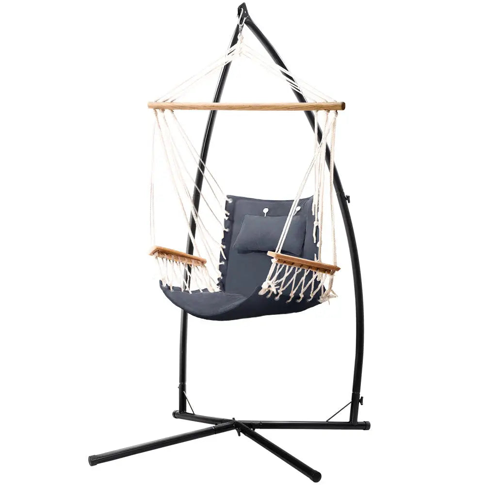 Gardeon Hammock Chair with Steel Stand Armrest Outdoor Hanging Grey - Furniture > Outdoor