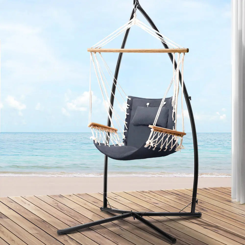 Gardeon Hammock Chair with Steel Stand Armrest Outdoor Hanging Grey - Furniture > Outdoor