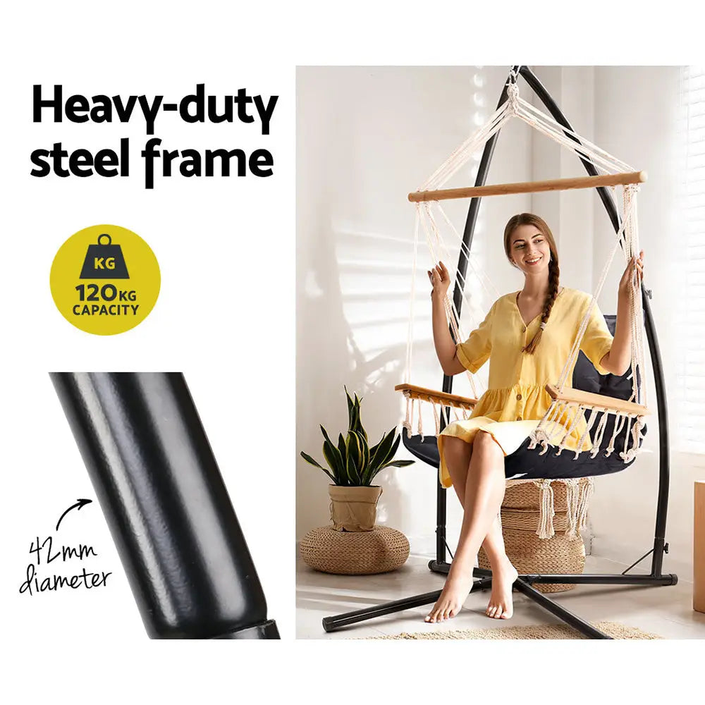 Gardeon Hammock Chair with Steel Stand Armrest Outdoor Hanging Grey - Furniture > Outdoor