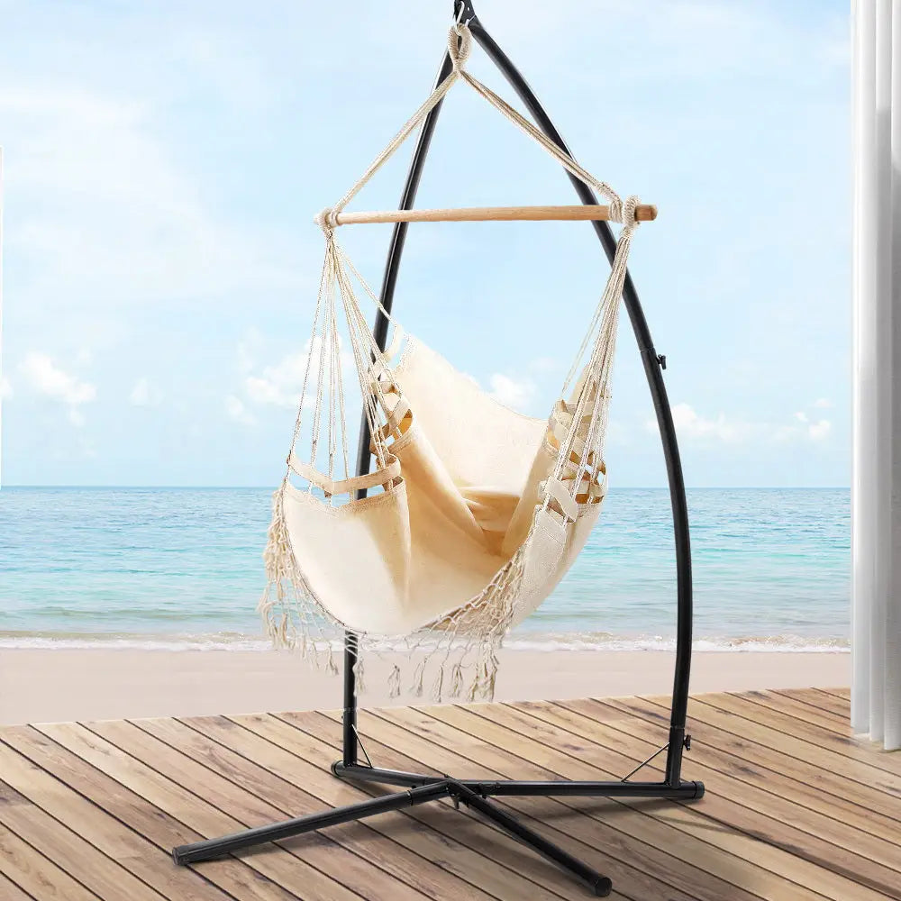 Gardeon Hammock Chair with Steel Stand Hanging Outdoor Tassel Cream - Furniture > Outdoor