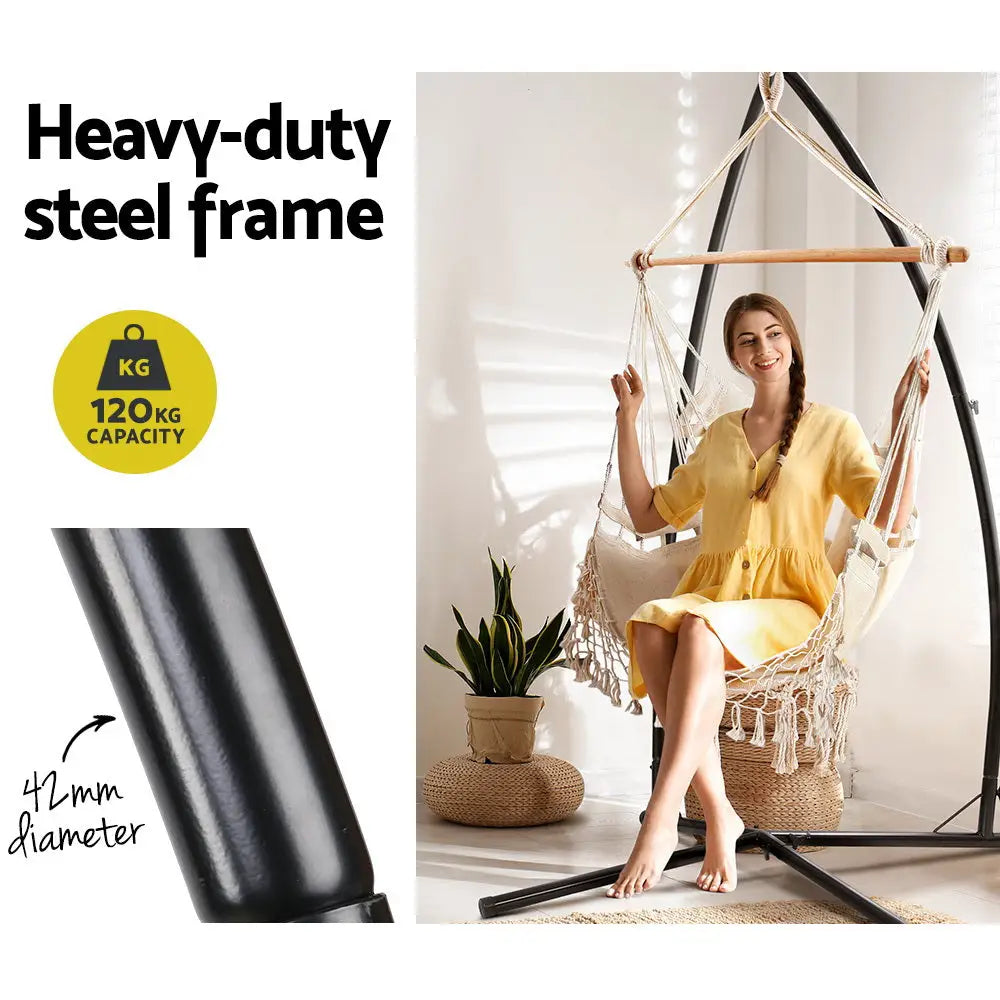 Gardeon Hammock Chair with Steel Stand Hanging Outdoor Tassel Cream - Furniture > Outdoor