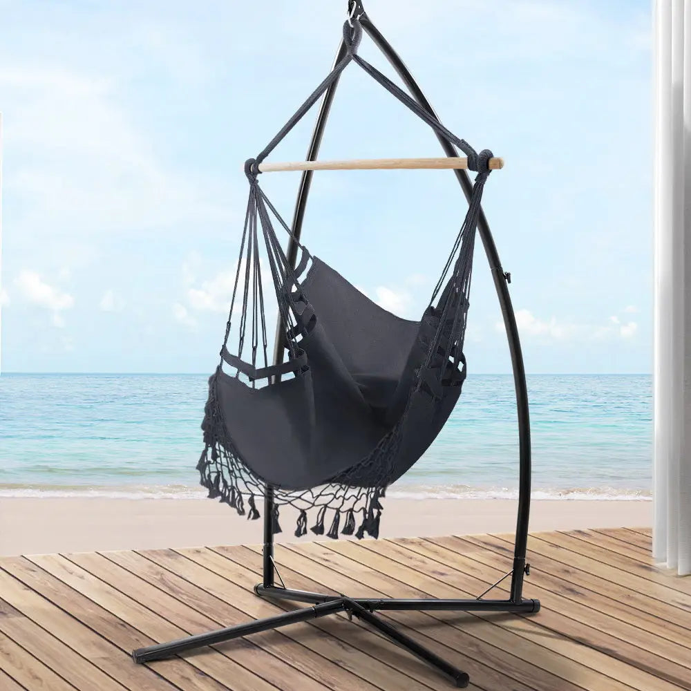 Gardeon Hammock Chair with Steel Stand Hanging Outdoor Tassel Grey - Furniture > Outdoor
