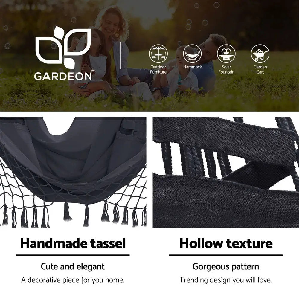 Gardeon Hammock Chair with Steel Stand Hanging Outdoor Tassel Grey - Furniture > Outdoor