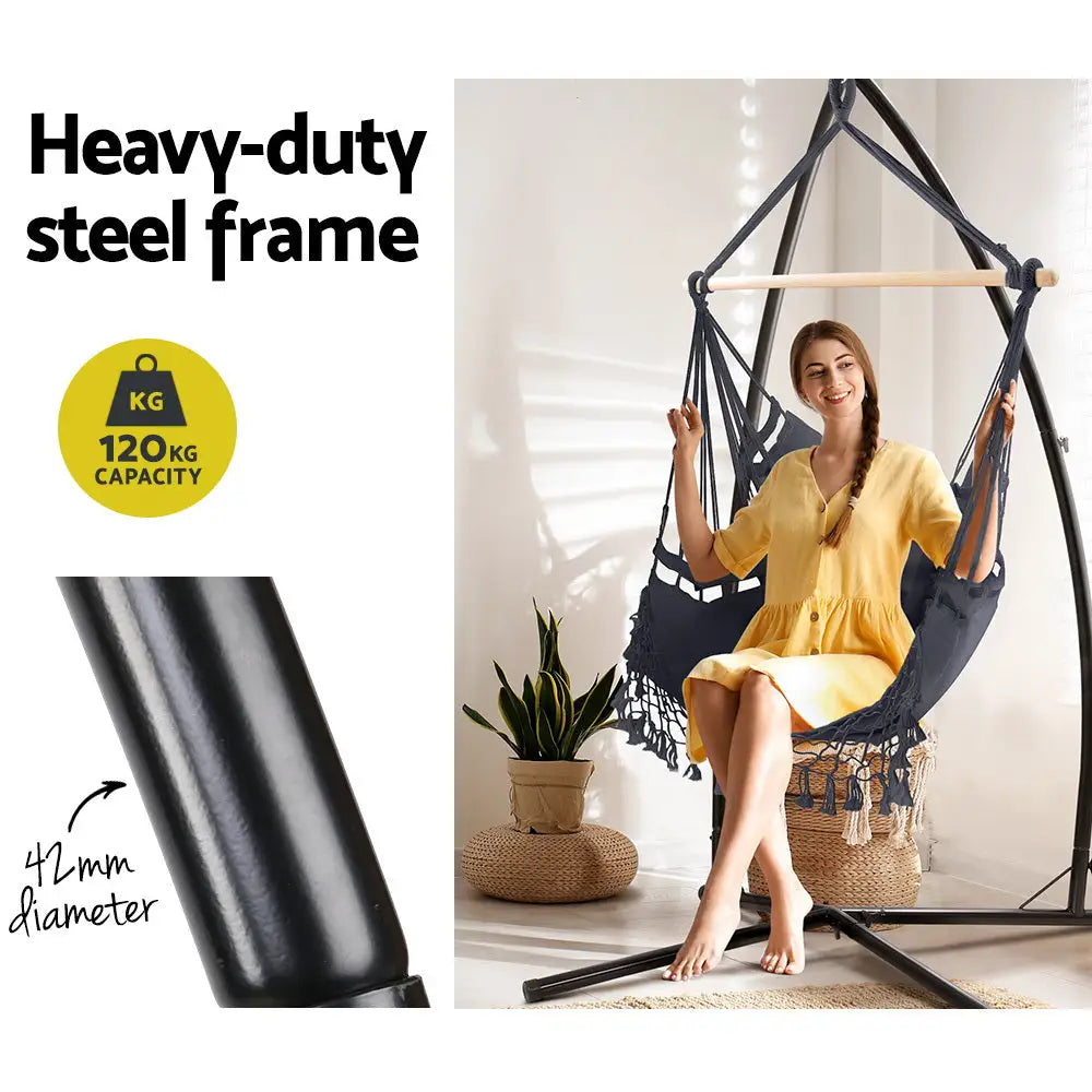 Gardeon Hammock Chair with Steel Stand Hanging Outdoor Tassel Grey - Furniture > Outdoor