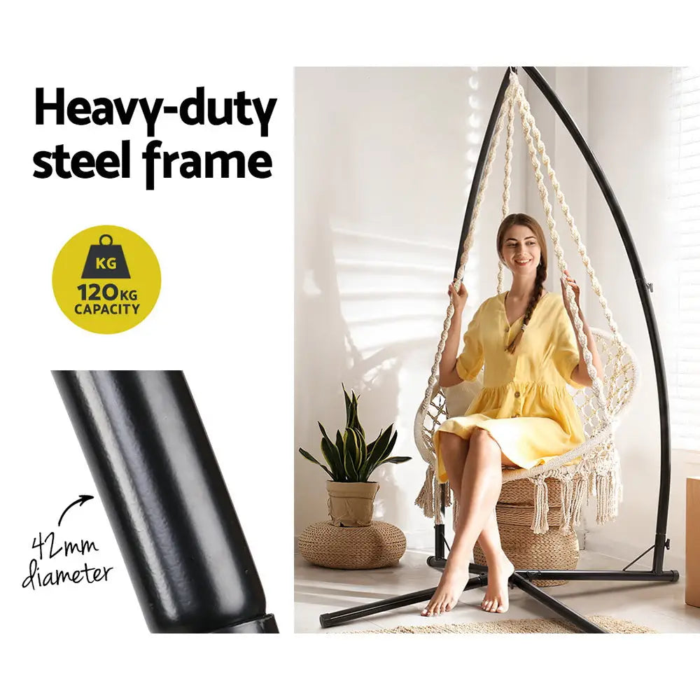 Gardeon Hammock Chair with Steel Stand Macrame Outdoor Swinging Cream - Furniture > Outdoor