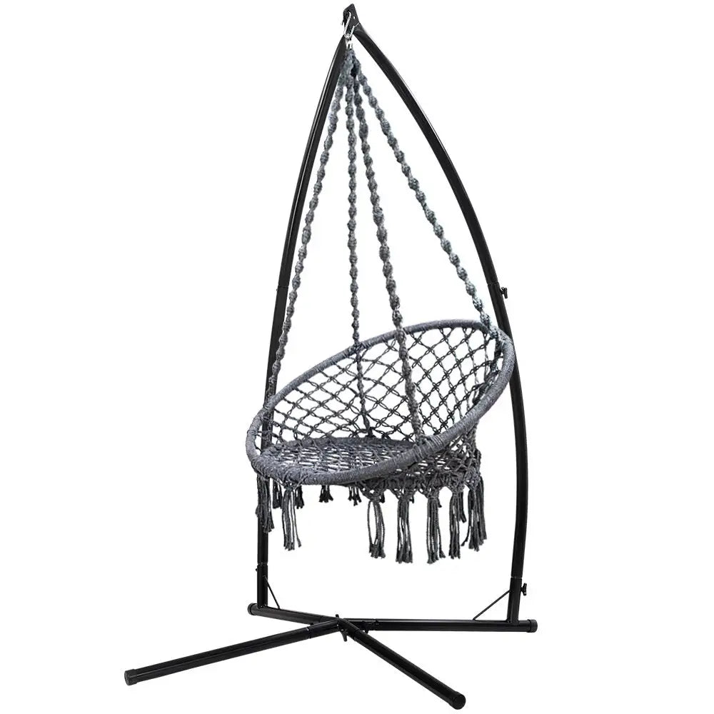 Gardeon Hammock Chair with Steel Stand Macrame Outdoor Swinging Grey - Furniture > Outdoor