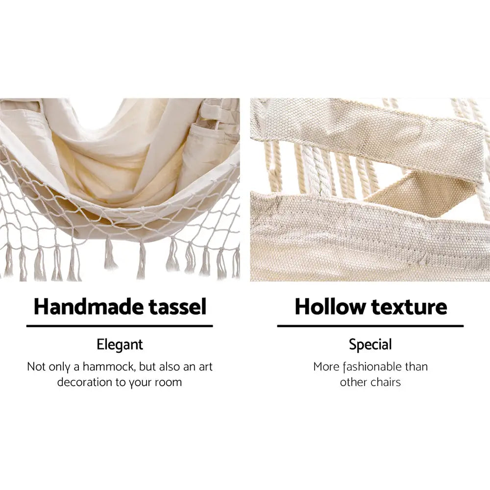 Gardeon Hanging Hammock Chair Outdoor Swing Hammocks Tassel Cream - Home & Garden > Hammocks