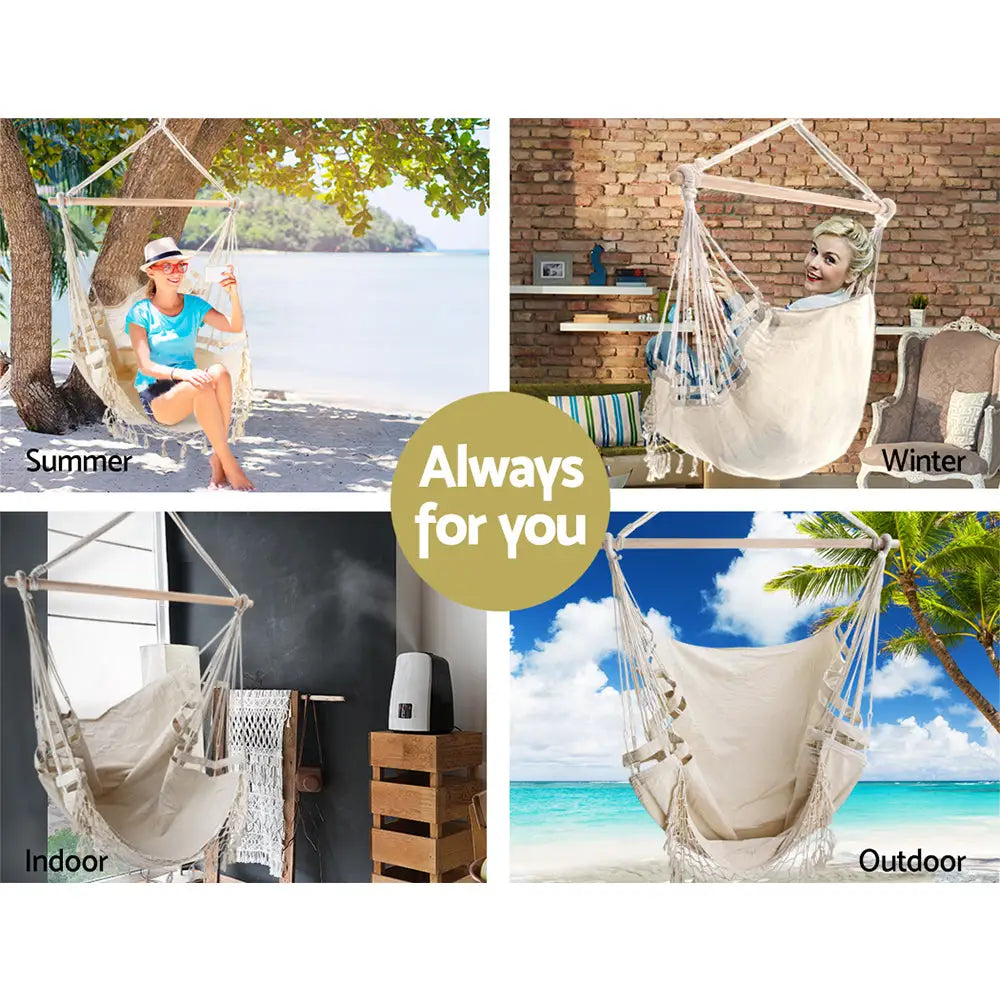 Gardeon Hanging Hammock Chair Outdoor Swing Hammocks Tassel Cream - Home & Garden > Hammocks