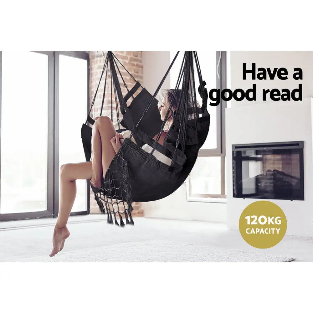 Gardeon Hanging Hammock Chair Outdoor Swing Hammocks Tassel Grey - Home & Garden > Hammocks
