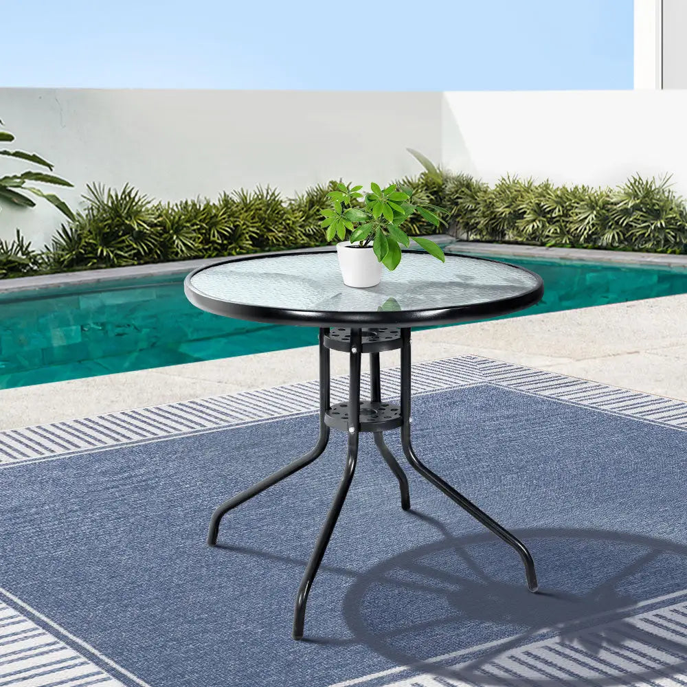 Gardeon Outdoor Bar Table Glass Cafe Table Steel Side Parasol Hole - Furniture > Outdoor