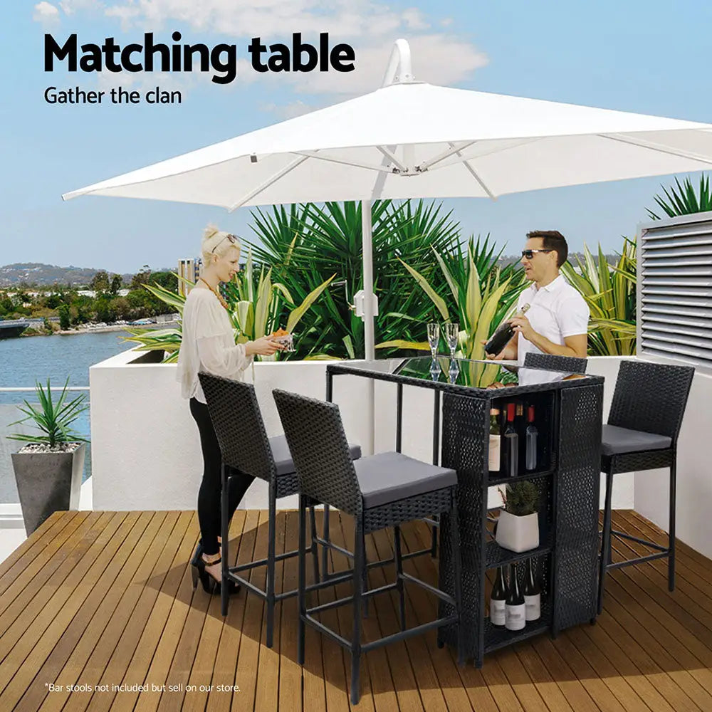 Gardeon Outdoor Bar Table Wicker Dining Bistro Glass Desk Steel Patio Furniture Black - Furniture > Bar Stools & Chairs