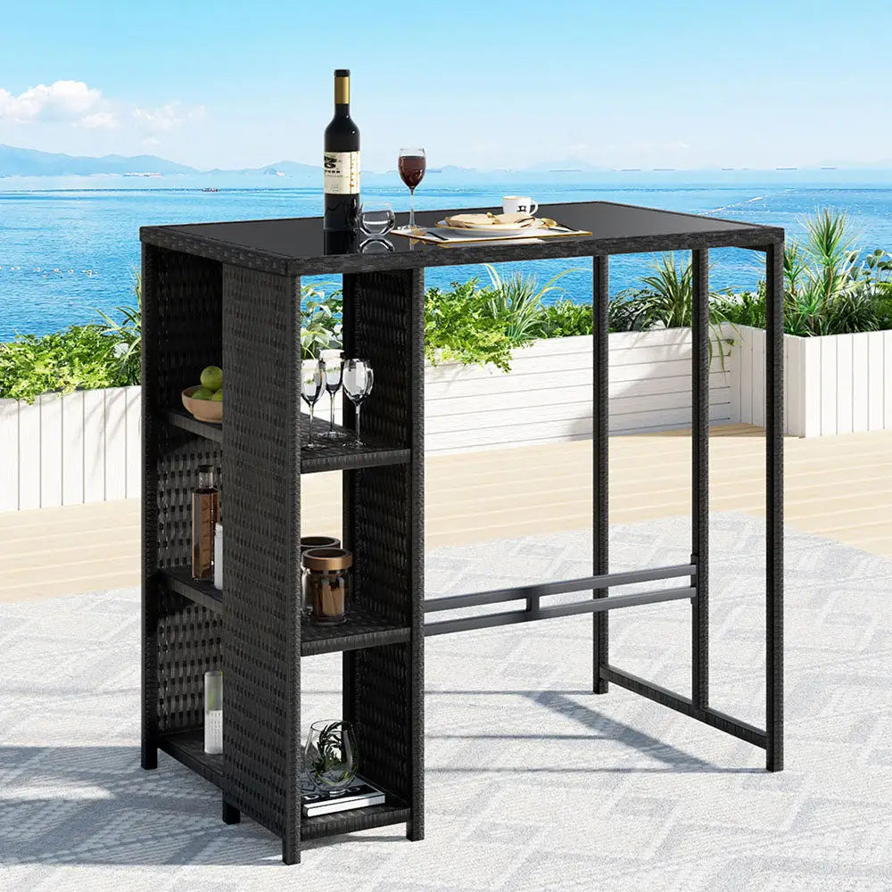 Gardeon Outdoor Bar Table Wicker Dining Bistro Glass Desk Steel Patio Furniture Black - Furniture > Bar Stools & Chairs