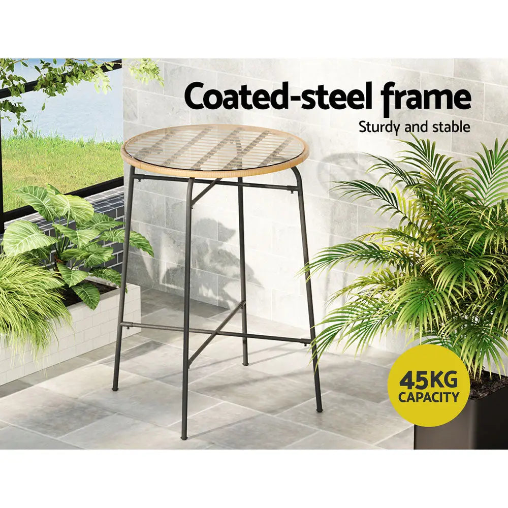 Gardeon Outdoor Bar Table Wicker Dining Bistro Patio Balcony Glass Table Steel - Furniture > Outdoor