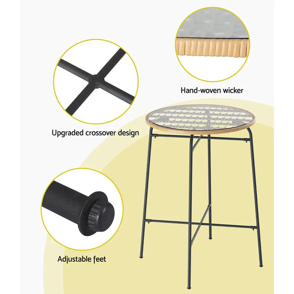 Gardeon Outdoor Bar Table Wicker Dining Bistro Patio Balcony Glass Table Steel - Furniture > Outdoor