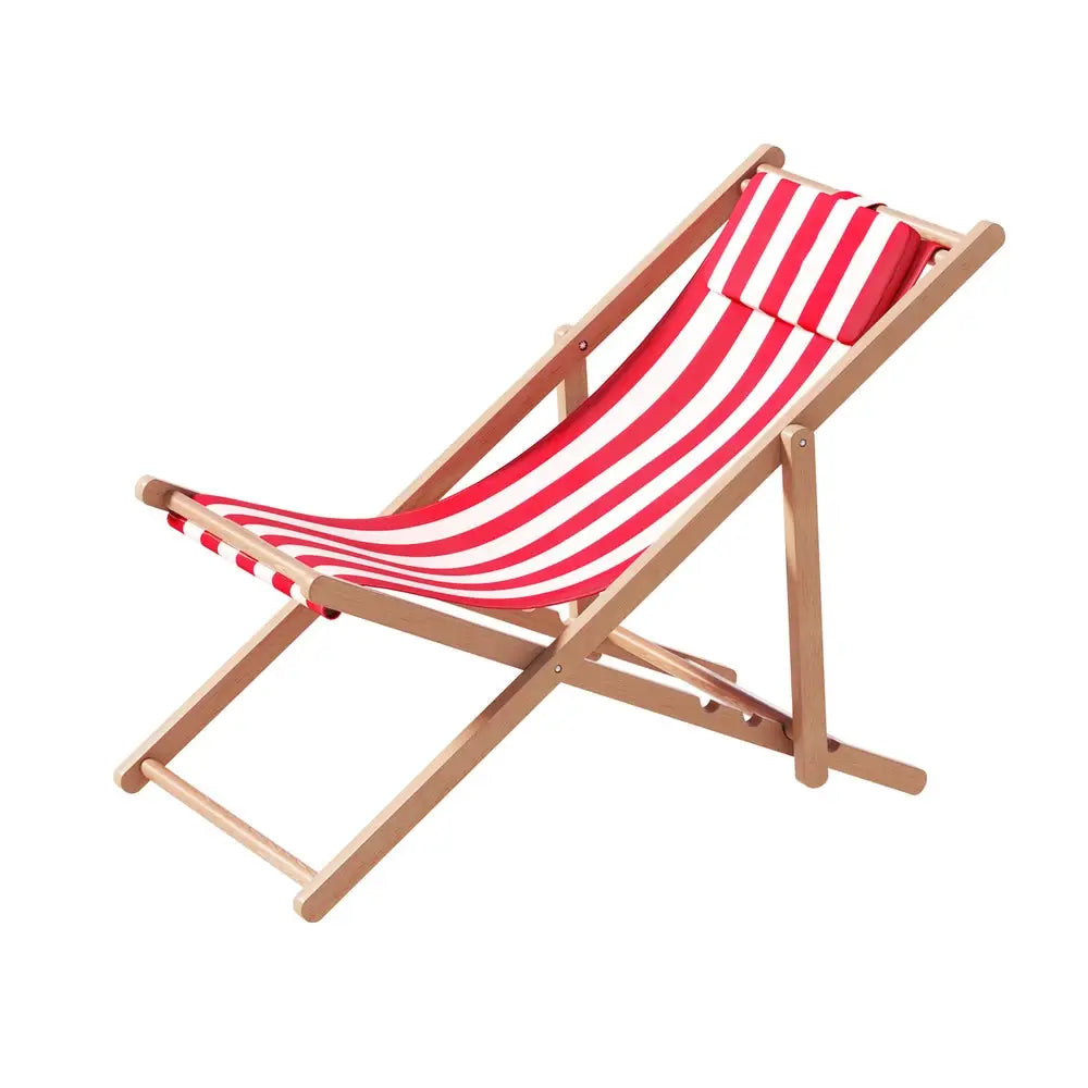 Gardeon Outdoor Deck Chair Wooden Sun Lounge Folding Beach Patio Furniture Red - Furniture > Outdoor