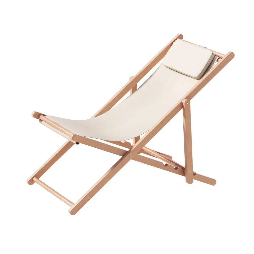 Gardeon Outdoor Deck Chair Wooden Sun Lounge Folding Beach Patio Furniture Beige - Furniture > Bar Stools & Chairs
