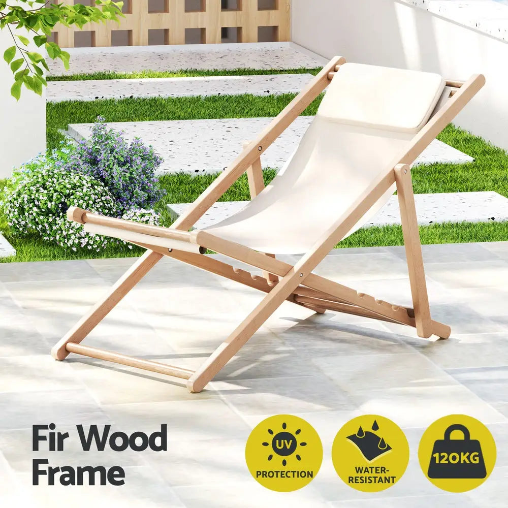 Gardeon Outdoor Deck Chair Wooden Sun Lounge Folding Beach Patio Furniture Beige - Furniture > Bar Stools & Chairs