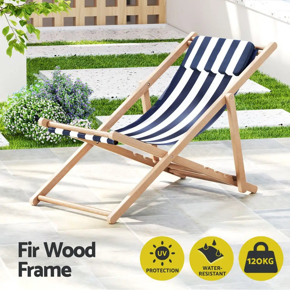 Gardeon Outdoor Deck Chair Wooden Sun Lounge Folding Beach Patio Furniture Blue - Furniture > Outdoor > Outdoor Sofas &
