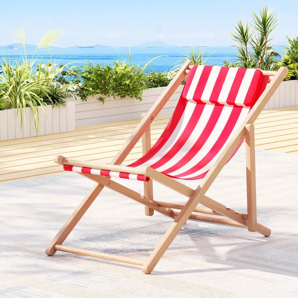 Gardeon Outdoor Deck Chair Wooden Sun Lounge Folding Beach Patio Furniture Red - Furniture > Outdoor