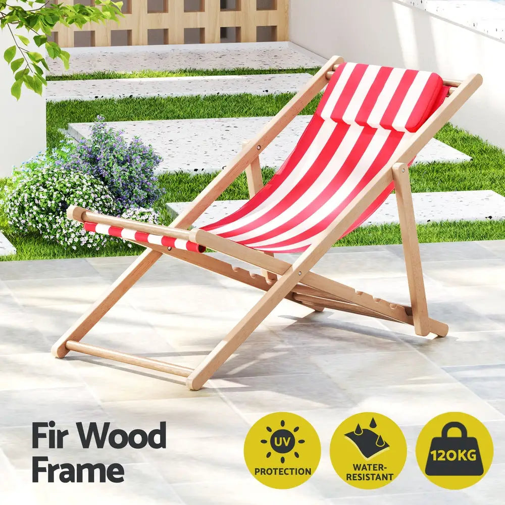 Gardeon Outdoor Deck Chair Wooden Sun Lounge Folding Beach Patio Furniture Red - Furniture > Outdoor