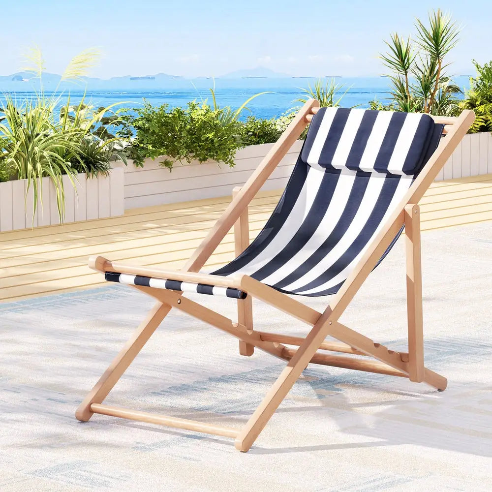 Gardeon Outdoor Deck Chair Wooden Sun Lounge Folding Beach Patio Furniture Blue - Furniture > Outdoor > Outdoor Sofas &