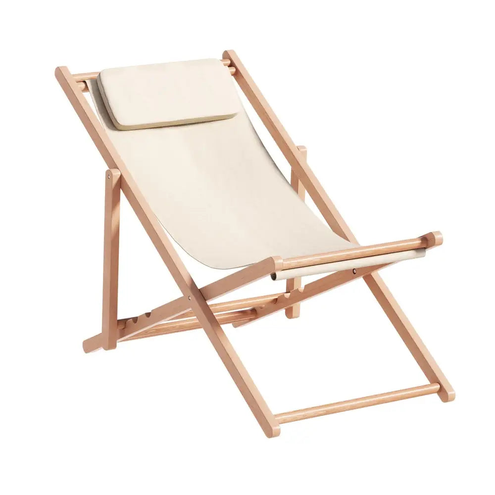 Gardeon Outdoor Deck Chair Wooden Sun Lounge Folding Beach Patio Furniture Beige - Furniture > Bar Stools & Chairs