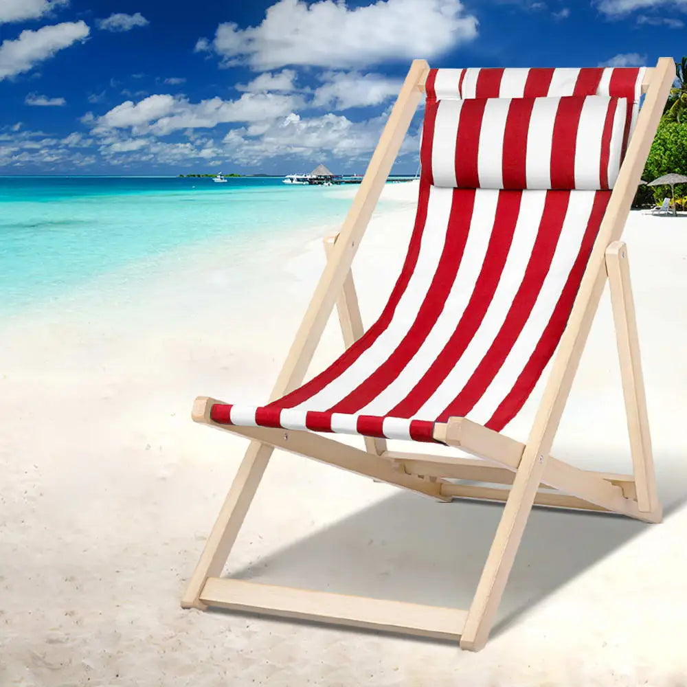 Gardeon Outdoor Deck Chair Wooden Sun Lounge Folding Beach Patio Furniture Red - Furniture > Outdoor
