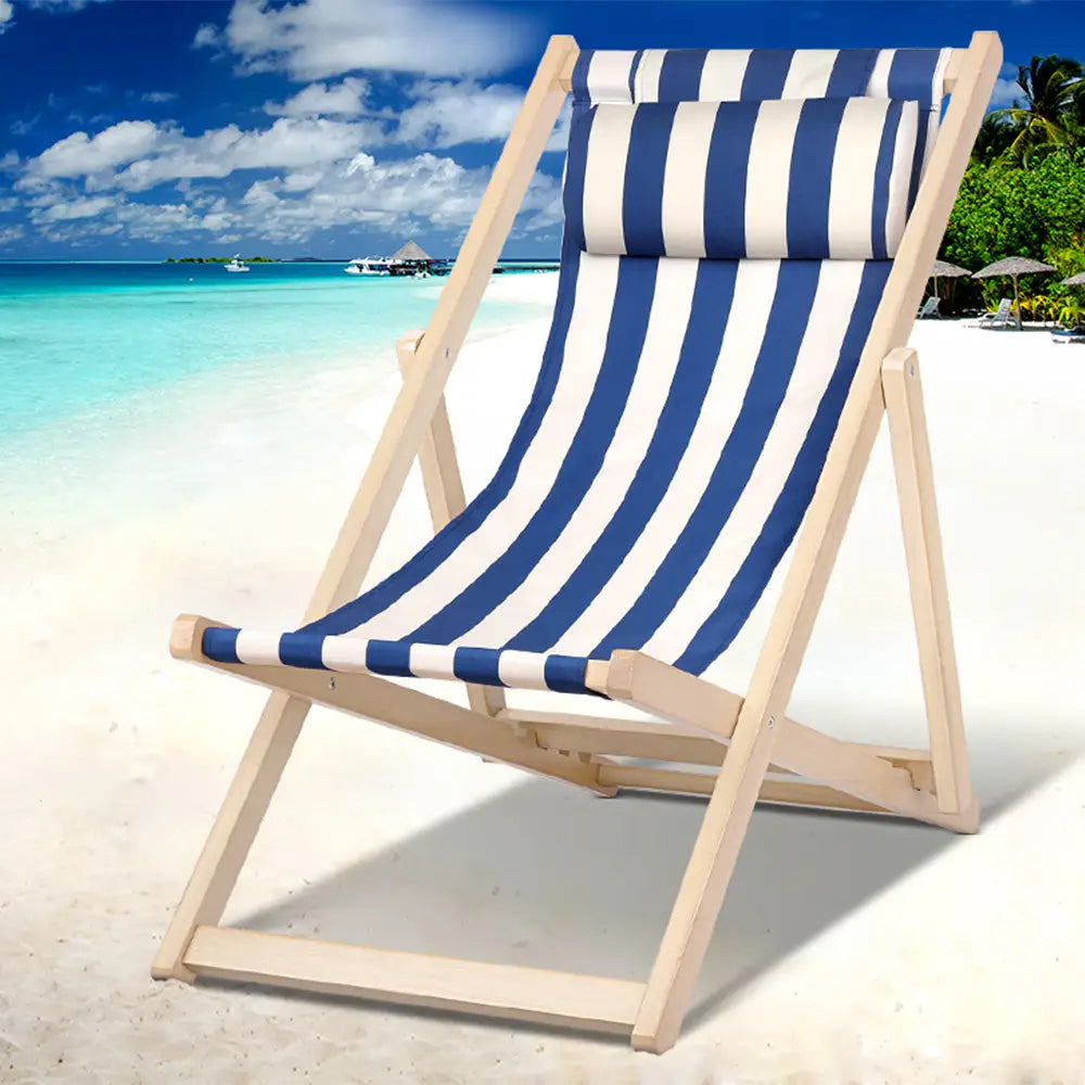 Gardeon Outdoor Deck Chair Wooden Sun Lounge Folding Beach Patio Furniture Blue - Furniture > Outdoor > Outdoor Sofas &