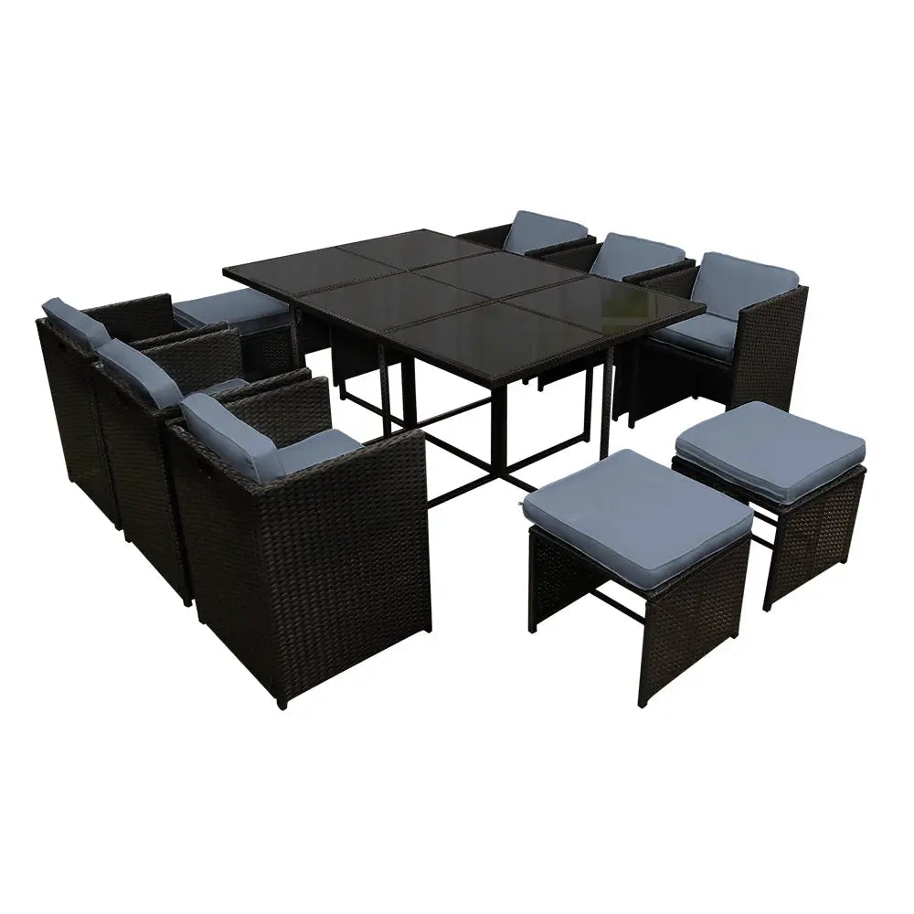 Gardeon Outdoor Dining Set 11 Piece Wicker Table Chairs Setting Black - Furniture > Outdoor