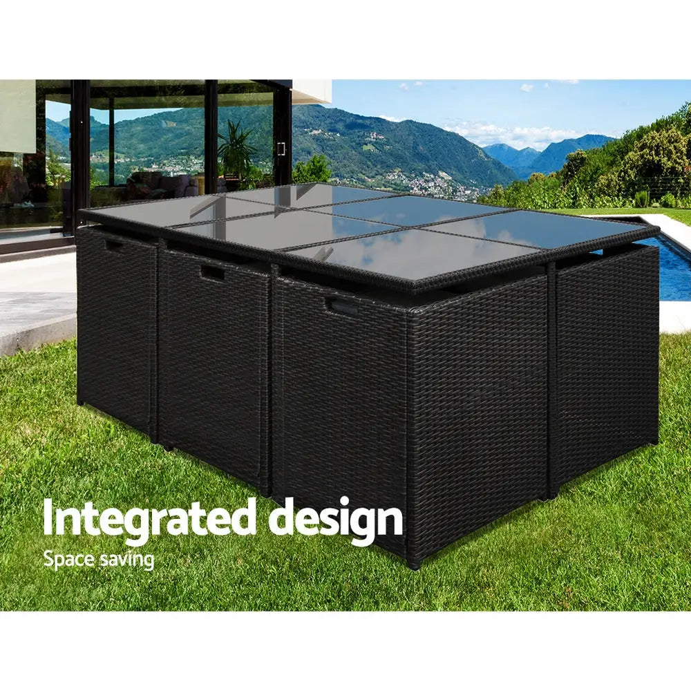 Gardeon Outdoor Dining Set 11 Piece Wicker Table Chairs Setting Black - Furniture > Outdoor