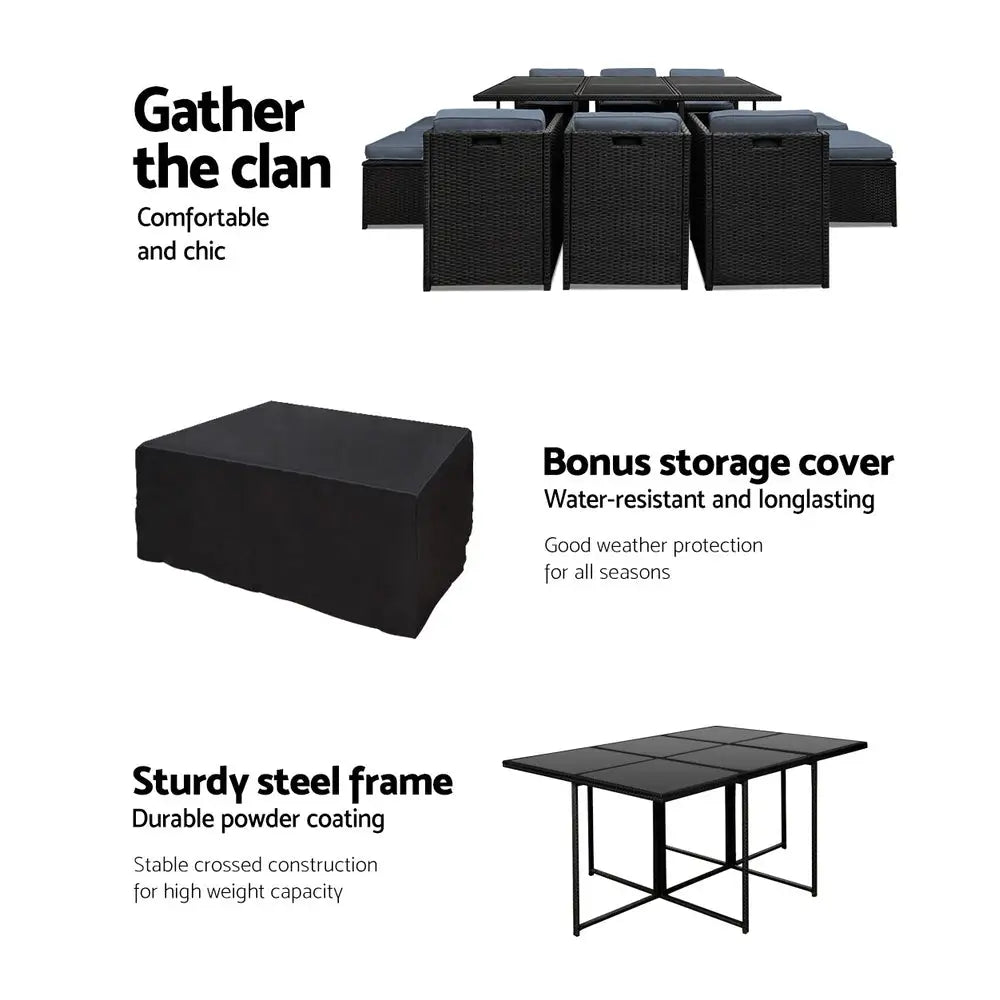 Gardeon Outdoor Dining Set 11 Piece Wicker Table Chairs Setting Black - Furniture > Outdoor