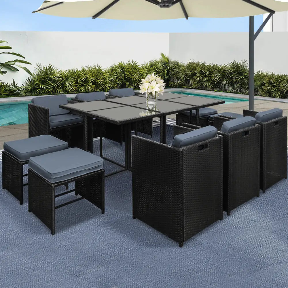 Gardeon Outdoor Dining Set 11 Piece Wicker Table Chairs Setting Black - Furniture > Outdoor