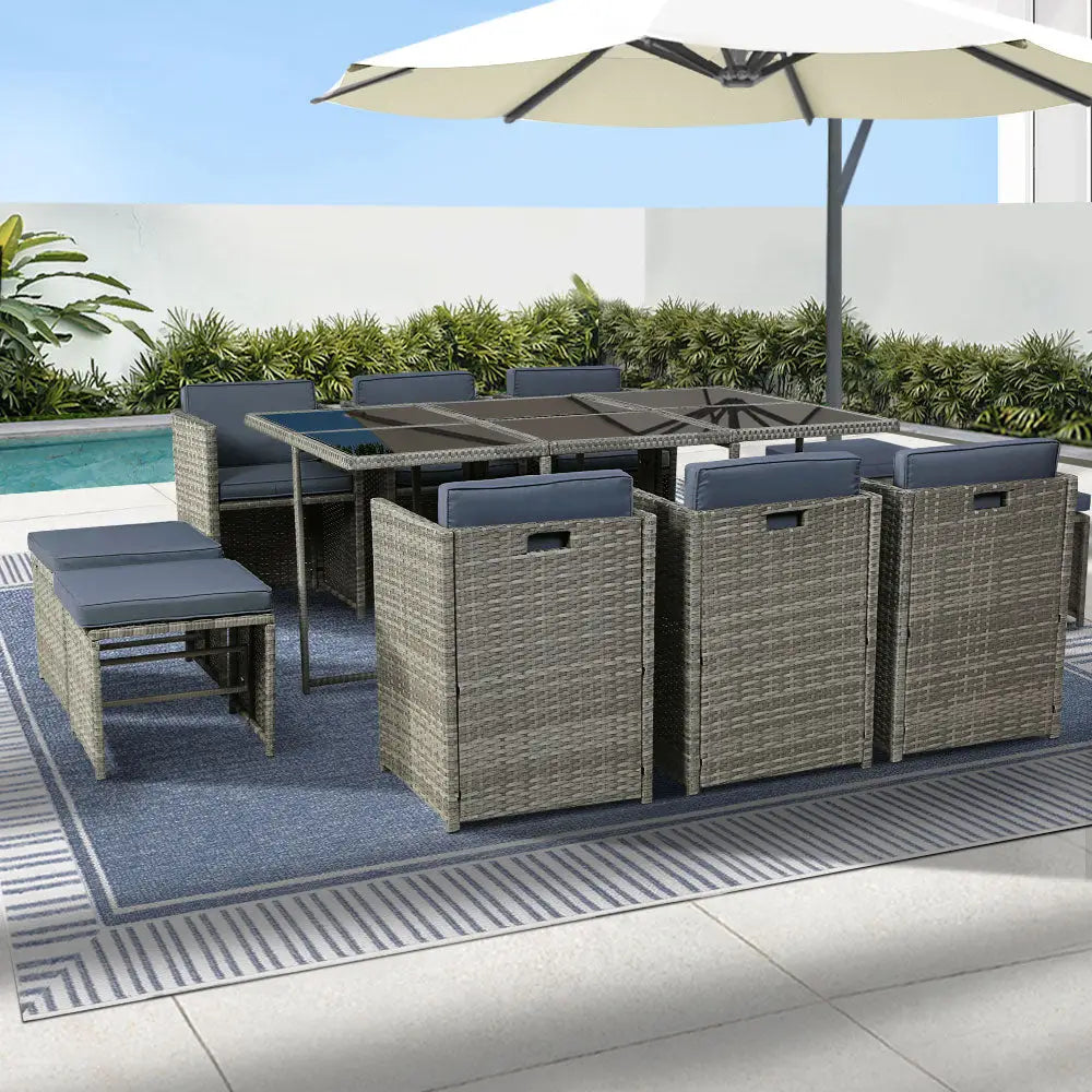 Gardeon Outdoor Dining Set 11 Piece Wicker Table Chairs Setting Grey - Furniture > Outdoor > Outdoor Chairs